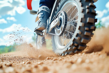 Detailed shot of a dirt bike accelerating on a rugged trail, kicking up dust and gravel, symbolizing speed and adventure. 