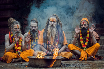 Mystical Gathering: Four Indian Sadhus, draped in traditional saffron attire, sit around a sacred fire, their faces etched with wisdom and serenity.