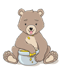 A cartoon bear with grey fur and a playful expression sits on the ground.