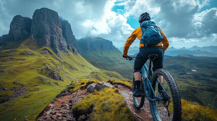 Obraz premium Mountain Biker Navigating Rugged Terrain Against Dramatic Cloudy Sky
