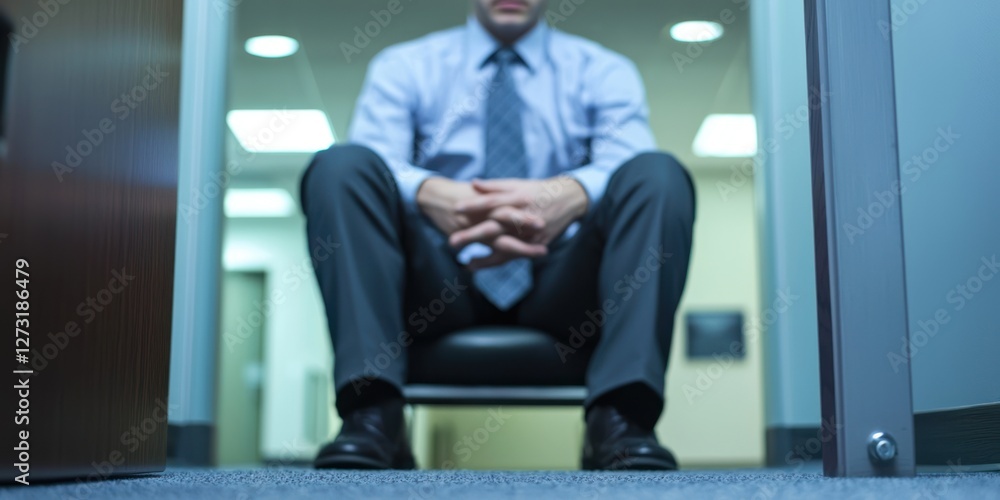 Poster a job applicant waiting outside an interview room, fidgeting with their hands