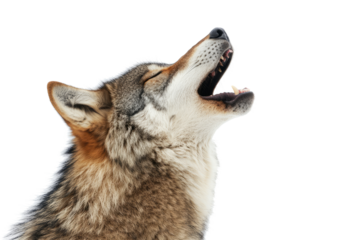 Close-up of a wolf howling with mouth open wide, displaying sharp teeth and detailed fur texture. Isolated on transparent background.