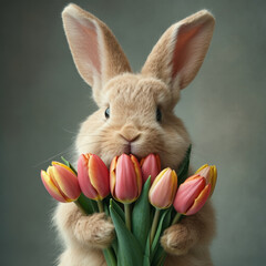 A cute rabbit holds a bouquet of tulips, a hare with flowers, a spring festival.