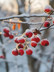 Snow-Covered Red Berries Glisten in Winter's Embrace