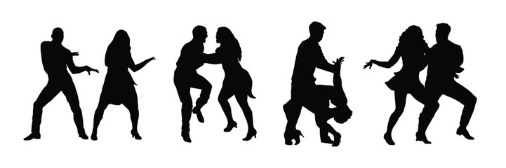 Silhouetted dancers engage in a passionate tango, their movements a vibrant expression of the dance's dramatic intimacy against a stark white background