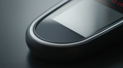 A close-up of a glucose meter displaying a blood sugar reading with a test strip beside it. Featuring health awareness and diabetes care