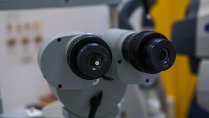 View of ophthalmic bio microscope or slit lamp. Ophthalmic equipment for eye health diagnosis. 