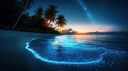 A mesmerizing bioluminescent beach at night. The shoreline glows with an ethereal blue light as tiny organisms in the water react to the movement of the waves.