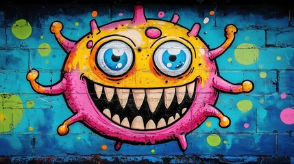 a vibrant graffiti mural depicting a cartoonish virus with big eyes and a wide grin, set against a bright blue background.