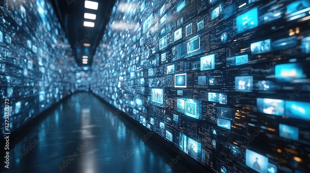 Poster a futuristic hallway lined with glowing screens displaying various digital media, creating an immers