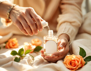 cropped shot of woman pouring perfume in bottle on bed with roses. Woman applying rose perfume