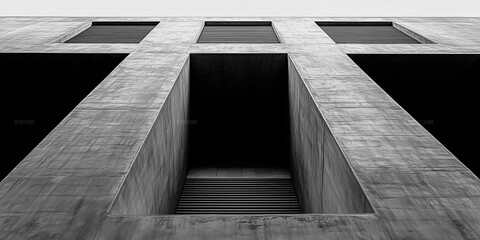 a striking view of a minimalist concrete building with large rectangular openings, showcasing contemporary architectural style.