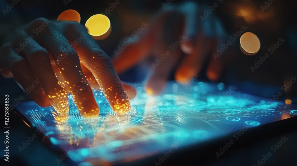 Aufkleber close up of hands using digital pad with creative glowing blockchain hologram on blurry desktop back