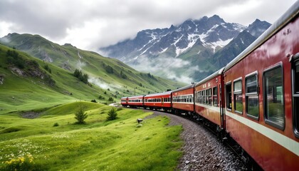 Red Train Journey Through Majestic Alpine Mountains