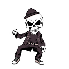 a skull emoji wearing a hat, jacket, and shoes, giving the impression of a person.