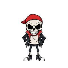 a skull emoji wearing a red bandana, a black jacket, and black and white sneakers.