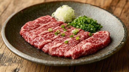 Fototapeta premium A beautifully plated Ohmi-gyu steak served on a traditional Japanese ceramic plate