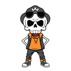a skull emoji wearing sunglasses, a hat, and a shirt.