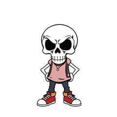 a skull emoji wearing a pink shirt, red shoes, and a backpack.