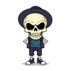a skull emoji wearing a hat, a blue shirt, and black pants.
