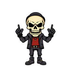 a skull emoji wearing a black jacket, red shirt, and black pants, with one hand raised in a peace sign gesture and the other hand pointing upwards.