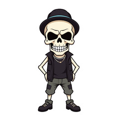 a skull emoji wearing a hat, a black vest, and cargo shorts.