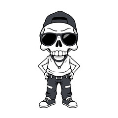 a skull emoji wearing sunglasses, a baseball cap, and casual clothing.