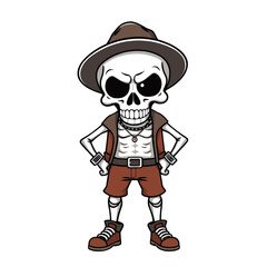 a skull emoji wearing a hat, brown pants, and brown shoes.