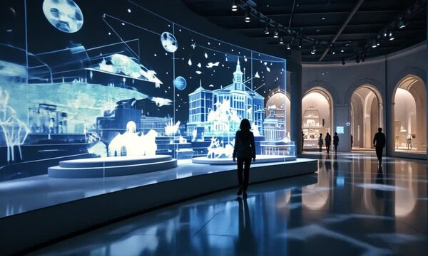 Museum visitors explore interactive digital world map exhibit