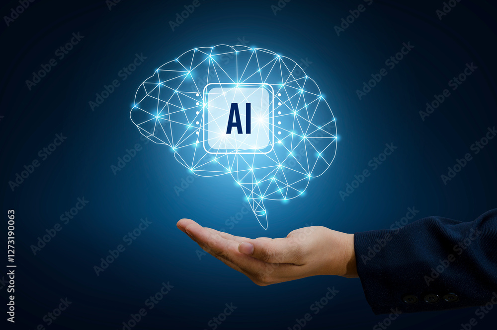Poster illustration of an abstract futuristic background with digital technology and artificial intelligenc