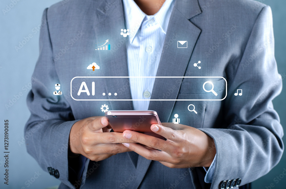Poster illustration of an abstract futuristic background with digital technology and artificial intelligenc