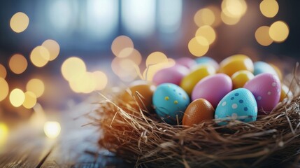 Obraz premium easter, holidays and object concept - close up of colored eggs in straw nest and chocolate bunnies on wooden table over bokeh lighs