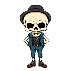 a skull emoji wearing a hat, vest, and sneakers.