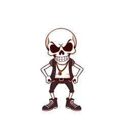 Skull emoji wearing a leather jacket, a necklace, and sneakers.