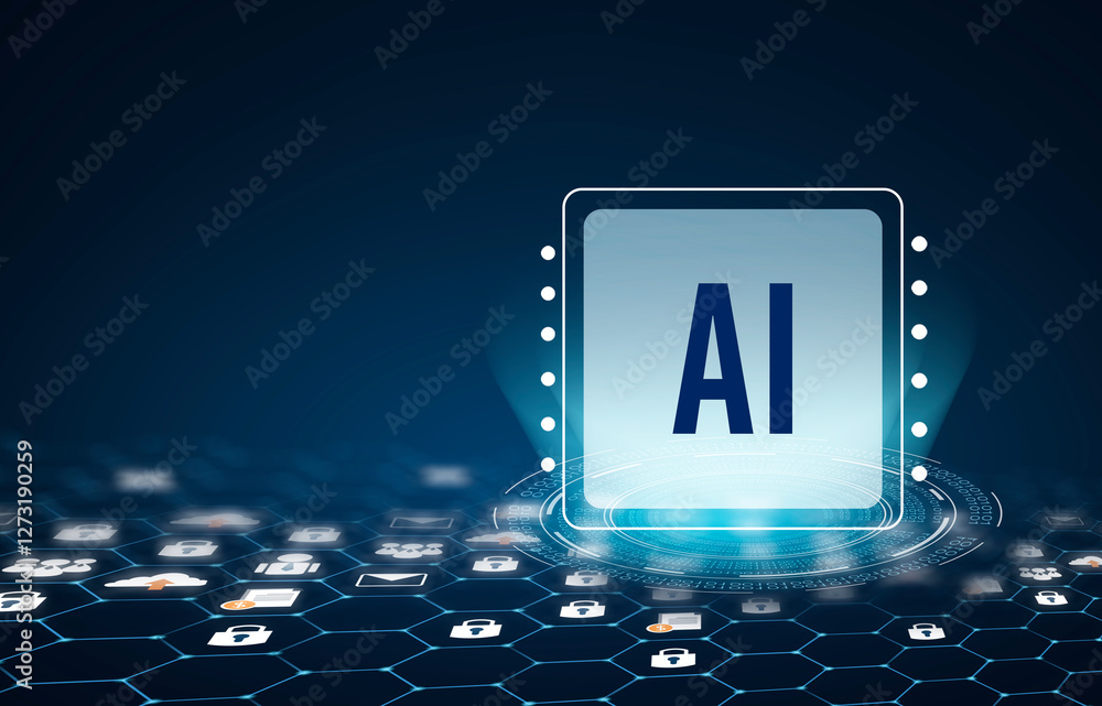 Poster illustration of an abstract futuristic background with digital technology and artificial intelligenc