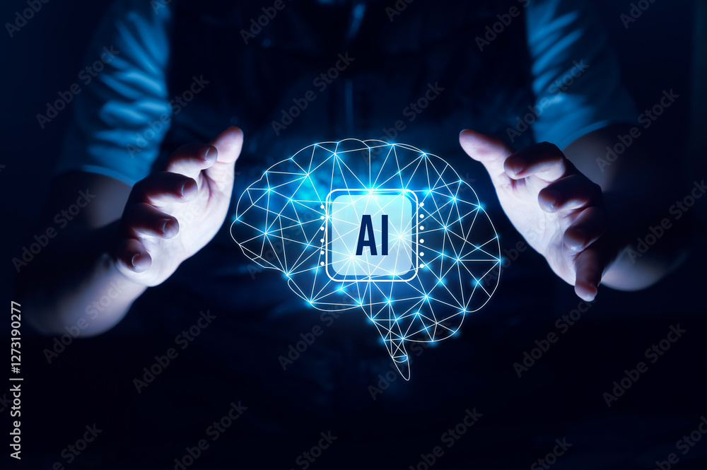 Poster illustration of an abstract futuristic background with digital technology and artificial intelligenc