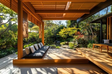 Fototapeta premium Tranquil indoor outdoor engawa veranda with lush garden retreat