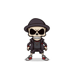 a skull wearing a hat, jacket, and red and white sneakers.