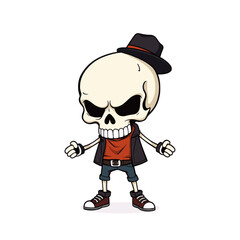 a skull emoji wearing a hat, a red shirt, and sneakers.