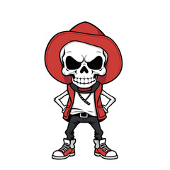 a skull wearing a red hat, a white shirt, black pants, and red shoes.