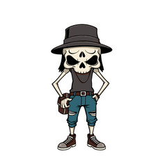 a skull emoji wearing a hat, a black shirt, blue jeans, and brown shoes.