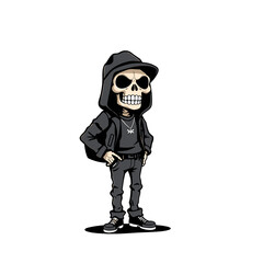 a skull emoji wearing a hoodie, backpack, and sneakers, with a skull-like face and a confident pose.