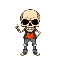 a skull emoji wearing a brown vest, orange shirt, gray pants, and brown and white sneakers.