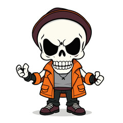 a skull emoji wearing a red hat, an orange jacket, and black pants.