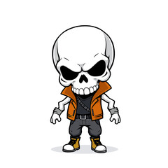 a skull emoji wearing a leather jacket, orange vest, and black pants.
