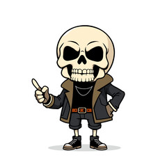 Skull emoji character is wearing a leather jacket, black pants, and black and white sneakers.
