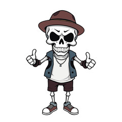a skull emoji wearing a hat, vest, and sneakers, giving a thumbs up gesture.