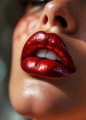 Obraz premium Closeup portrait of a beautiful woman's lips with red lipstick. Red Lips Beauty Shot