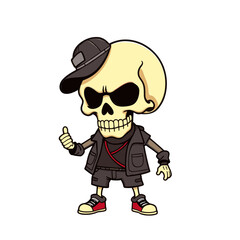 a skull emoji wearing a black baseball cap, a black shirt, and black pants. Skull emoji also wearing red and white sneakers.