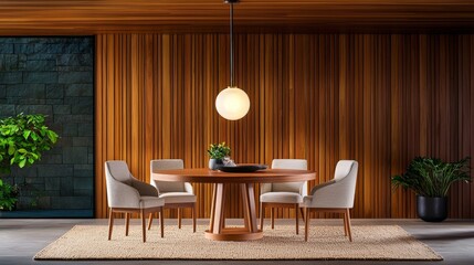 Cozy Mid-Century Dining Setting with Warm Wood Accents